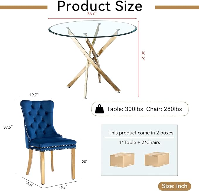 Goujxcy 3 Piece Round Glass Dining Table Set for 2, 36" Round Dining Table & Chair Set Modern Circle Glass Kitchen Table and 2 Velvet Upholstered Chairs for Kitchen Dining (Gold Table & Blue Chair)