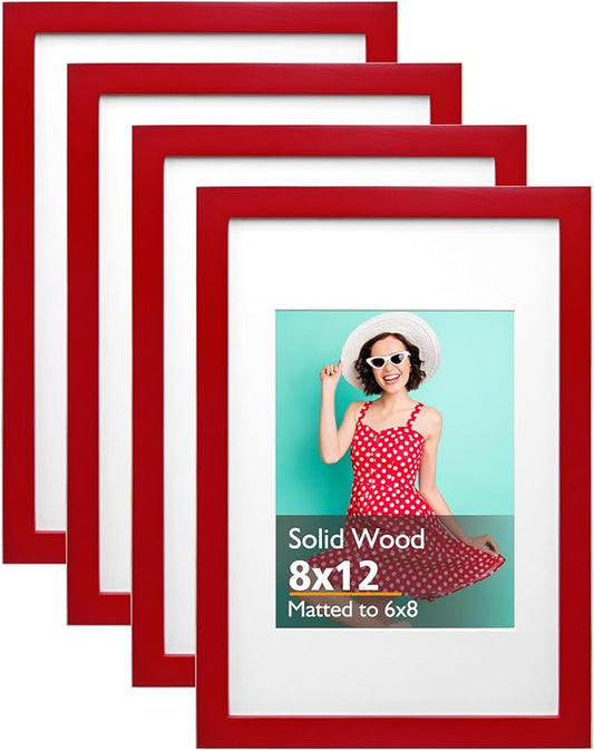 KINLINK 8x12 Picture Frames Red, Solid Wood Frames with Acrylic Plexiglass for 6x8 with Mat or 8x12 without Mat, Tabletop and Wall Display Photo Frame, 4 Pack