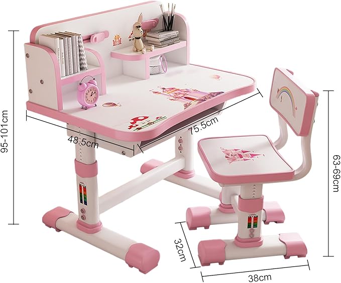 Kids Desk and Chair Set, Height Adjustable Kids Study Table and Chair Set, Children School Desk with Storage Drawer and Book Stand, Ergonomic Child Toddler Deskwith Sitting Posture Corrector (Pink 4)