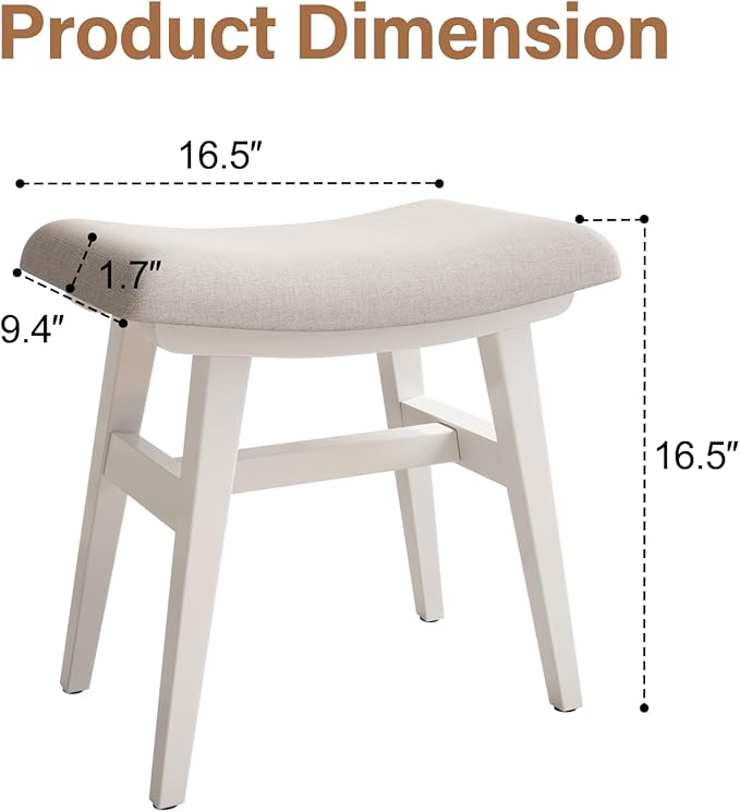 Solid Wood Small Vanity Stool, Compact Makeup Chair with Saddle Cushion, Linen-Covered High Rebound Sponge Seat, Easy Assembly Footstool, Modern Ottoman for Bedroom, Entryway, Home, White