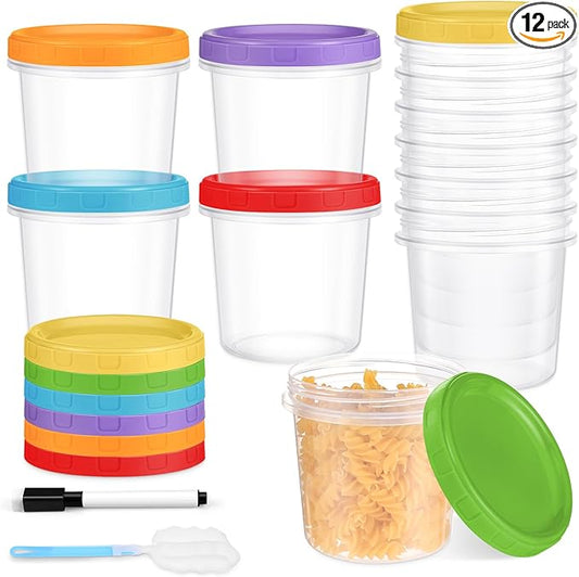 16 oz Plastic Deli Containers with Lids, 12 Pack Stackable Small Freezer Container, Reusable 2 Cup Food Storage Containers with Pen and Brush, Microwave & Dishwasher Safe, BPA Free