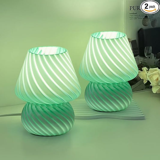 ONEWISH Mushroom Lamps Set of 2 - Small Table Lamp with Striped Glass, Nightstand Lamp for Bedroom, Living Room, Cafe, Office, Bulb Included, for Birthday Christmas Thanksgiving Day, Sage Green