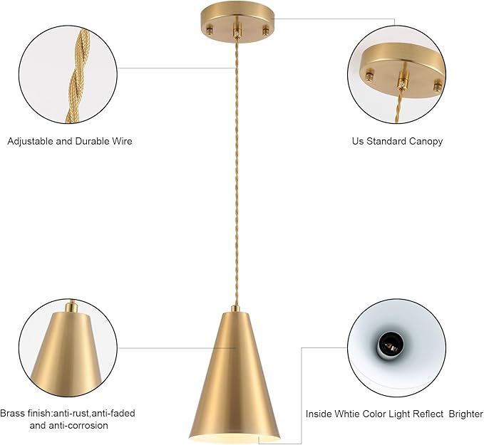 Brass Pendant Lights Kitchen Island,Gold Dining Room Light Fixtures Over Table with Cone Metal Shade, Modern Vintage Mini Chandeliers,Adjustable Cord Hanging Lighting for Bar,Sink.(1 Pack)