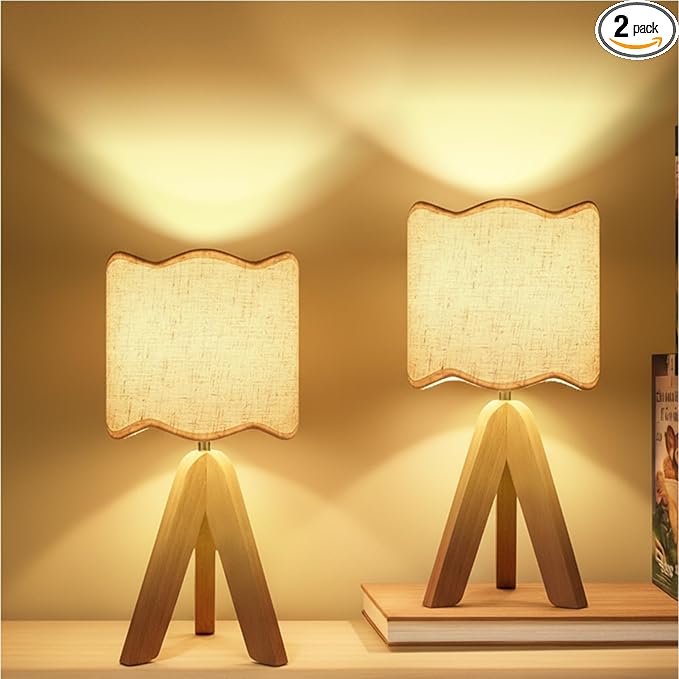 Hamilyeah Bedside Lamps Set of 2, Beige Table Lamps with Scalloped Shade, Fabric Linen Lamps for Night Stands with On/Off Switch, Industrial Desk Lamps for Bedroom, Living Room