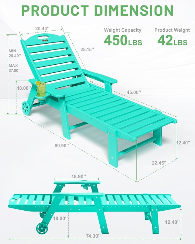 Lounge Chair Outdoor Set of 2, HDPE Chaise Chair Outdoor with 6-Position & Wheels &Cup Holder, Pool Lounge Chair for Pool Poolside Deck Backyard Patio, Lake Blue