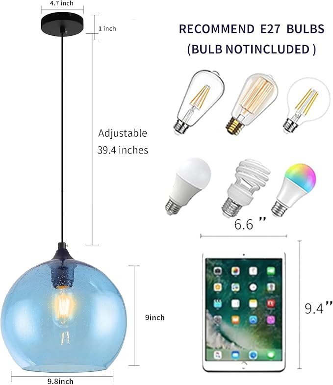 Blue Pendant Lights Kitchen Island Lighting Modern Globe Hand Blown Glass Pendant Light Ceiling Hanging Light fixtures for Kitchen Island Bedroom Living Dining Room Light Fixture,9.8in