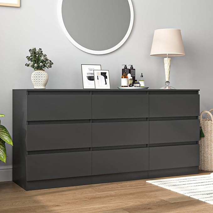 Black Dresser for Bedroom, Modern Long 9 Drawer Dresser with Deep Drawer, Wide Wood Storage Chest of Drawer for Living Room