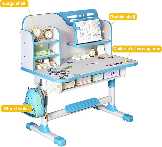 Kids Desk and Chair Set, Height Adjustable Kids Study Table and Chair Set, Children School Desk with Storage Drawer and Book Stand, Ergonomic Child Toddler Deskwith Sitting Posture Corrector (Blue 3)