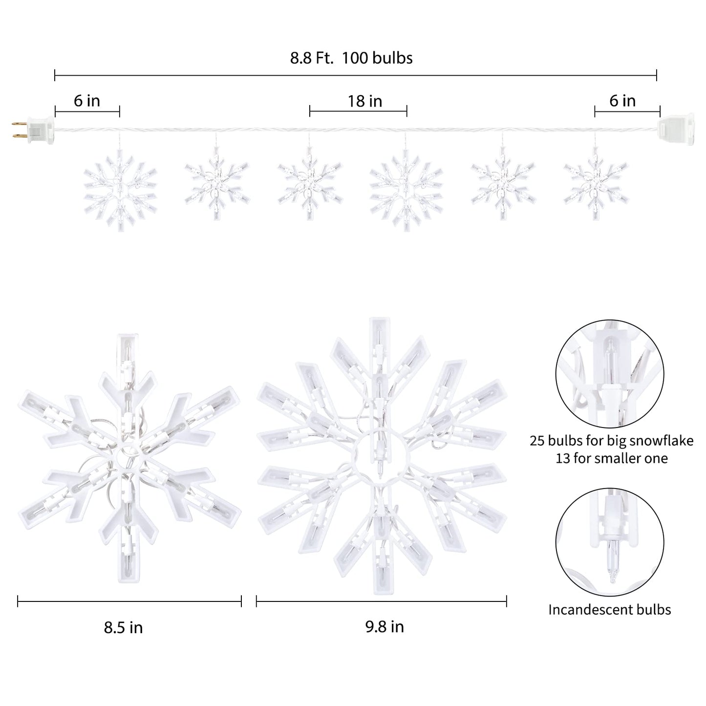 Minetom Snowflake Christmas String Lights with 6 Drops - 9ft 100 Mini Bulb Icicle Lights with Hooks, Plug-in Connectable Hanging Lights for Christmas Home Indoor Outdoor Wedding Holiday Décor