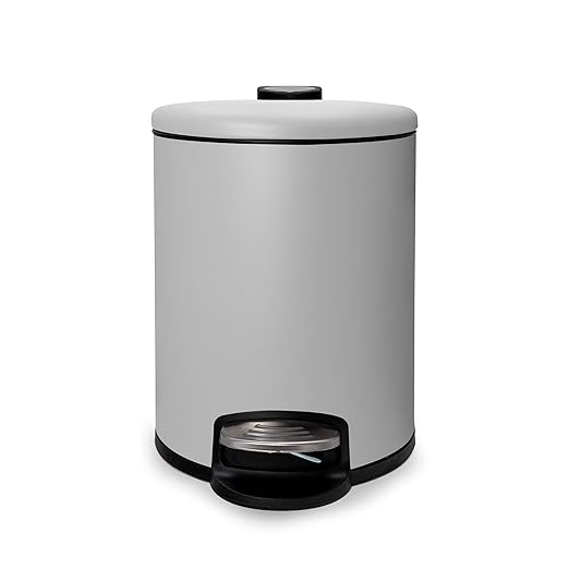 ACENTO 1.3 Gal Round Bathroom Trash Can with Lid – Stainless Steel Small Trashcan with Soft Close Pedal & Removable Liner – Compact Waste Bin for Bathroom, Bedroom, Dorm, Office – Matte Gray