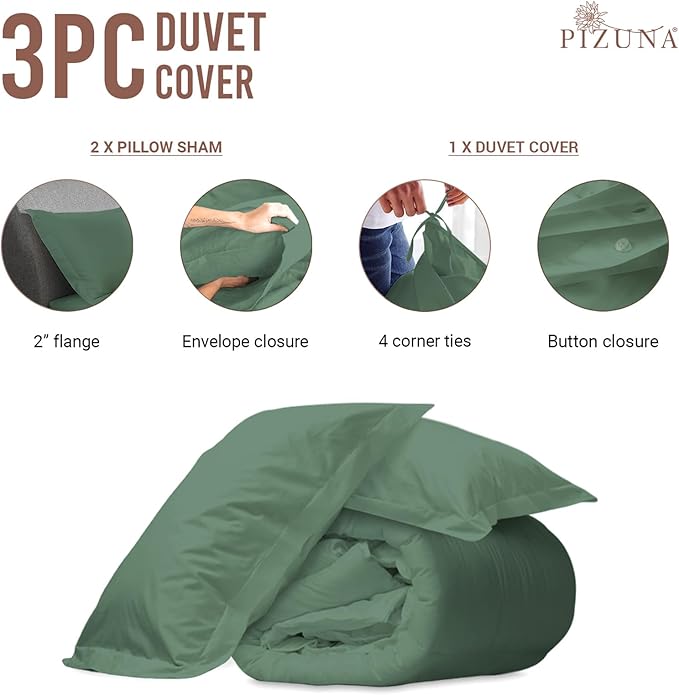 Pizuna Pure 100% Cotton Queen Duvet Cover Set, Luxurious 400 Thread Count Long Staple Cotton Sateen Weave with Button Closure (Combed Hedge Green Cotton Duvet Cover Queen)