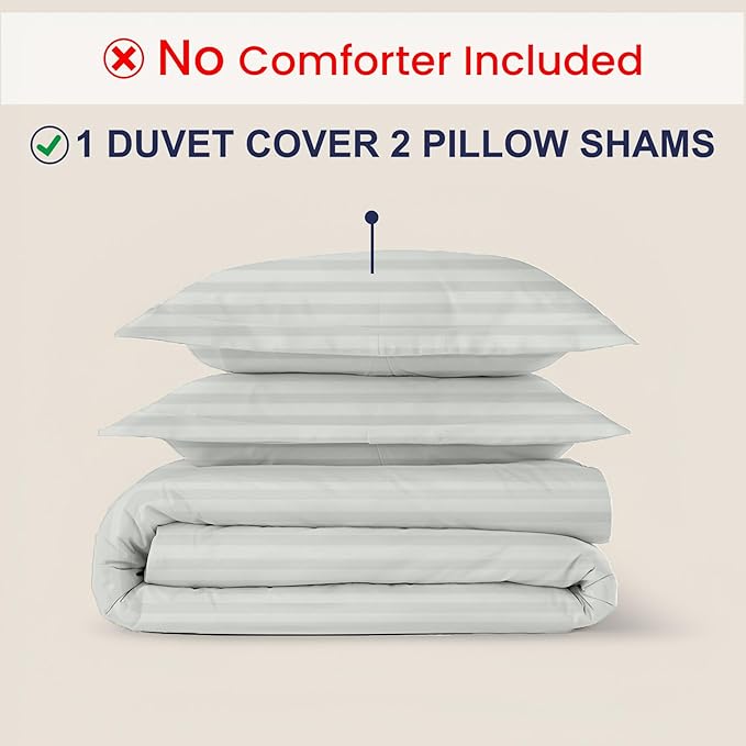 Kotton Culture 3 Pc King Size Duvet Cover Set- 100% Egyptian Cotton Sateen 600 Thread Count Ultra Soft Premium Durable Comforter Cover Zipper Closure & Corner Ties (Striped Silver, King 102"x94")