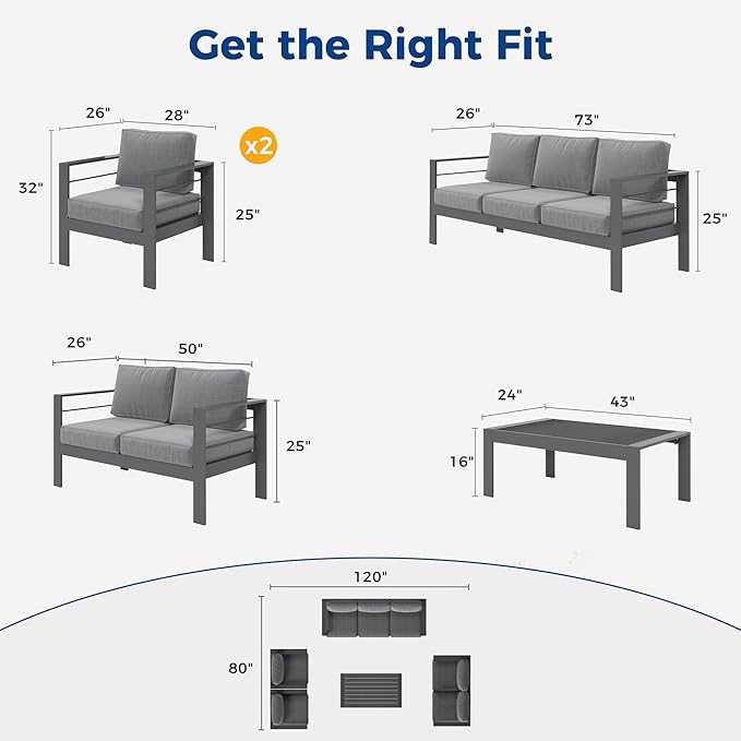 Wisteria Lane Aluminum Outdoor Patio Furniture Set,7 Seats Modern Patio Conversation Sets, Outdoor Sectional Metal Sofa with 5 Inch Cushion and Coffee Table for Balcony, Garden, Dark Grey