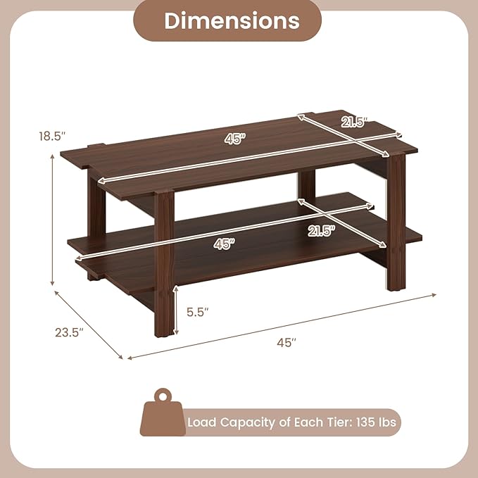 Giantex Coffee Table with Storage, 45 Inch Modern Center Table with Slatted Design & Side Rail Support, Rectangular Living Room Table for Small Spaces, Walnut