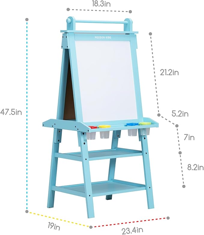 MEEDEN Art Kids Wooden Easel: Double-Sided Solid Pine Wood Art Easel with Paper Roll - Kids Art Easel with Chalkboard & Magnetic Whiteboard for Boy & Girls Gift - Blue