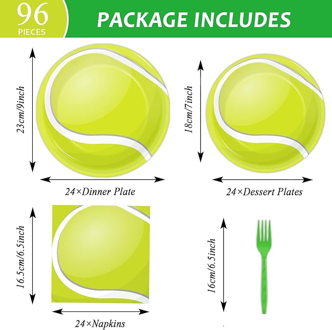 Wiooffen 96 Pcs Tennis Party Plates Napkins Tableware Set Tennis ball Supplies Disposable Dinnerware Sports Birthday Decoration Favors for Baby Shower Brithday Party, 24 Guests