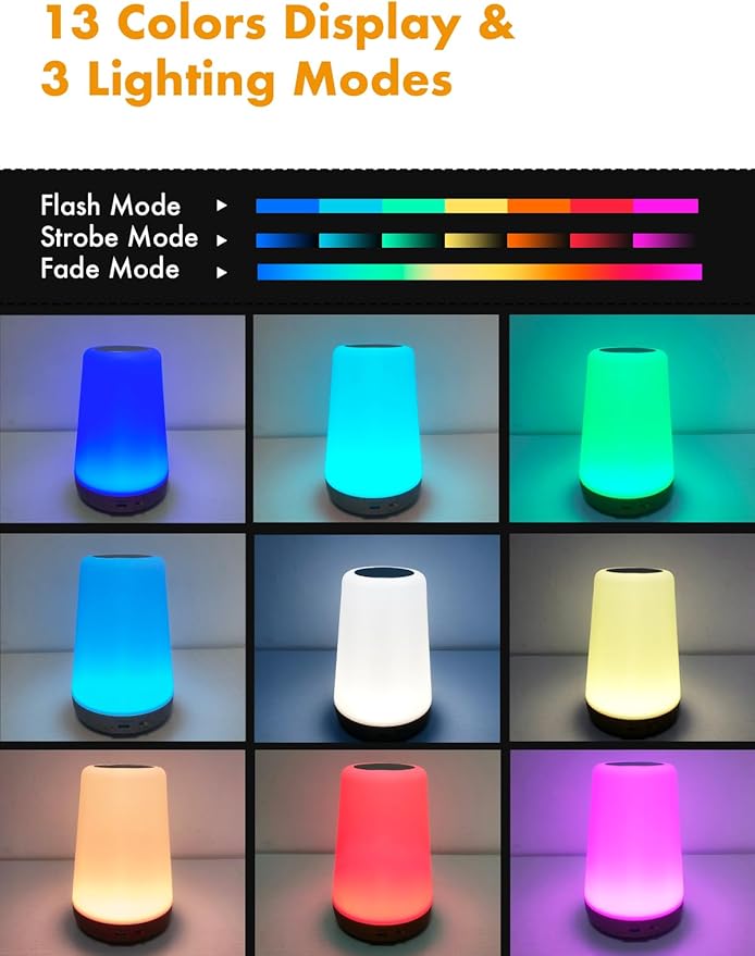 TLAOTNIY Baby Night Light, Dimmable Touch Lamp for Nursery, Portable Rechargeable Bedside Table Lamp for Bedroom, 5 Brightness&13 RGB Colors, Night Lamp for Kids Living Room Bathroom Hallways 2Pack