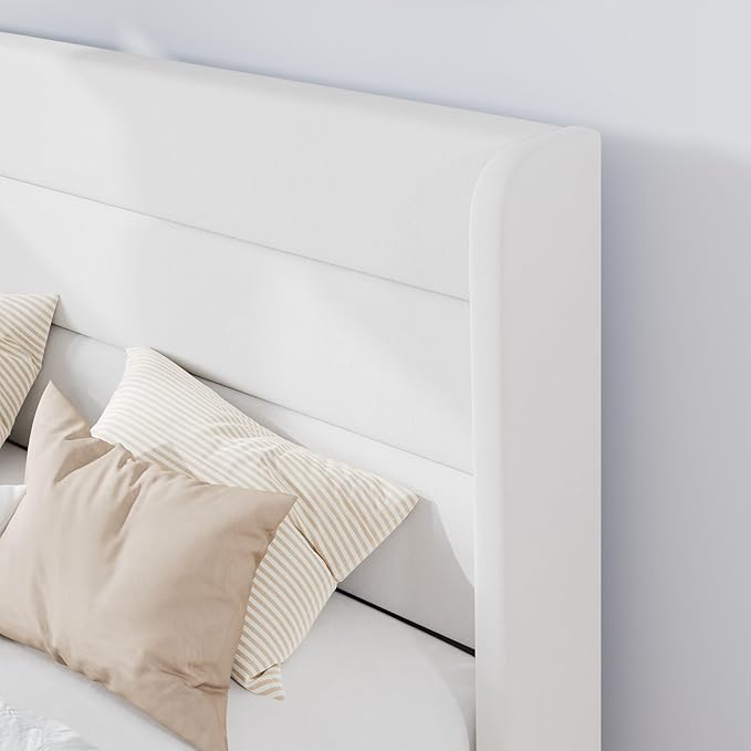 SHA CERLIN Queen Size Velvet Bed Frame/Vertical Channel Tufted Wingback Headboard/Upholstered Platform Bed with Wooden Slats/Mattress Foundation/No Box Spring Needed/Easy Assembly/White