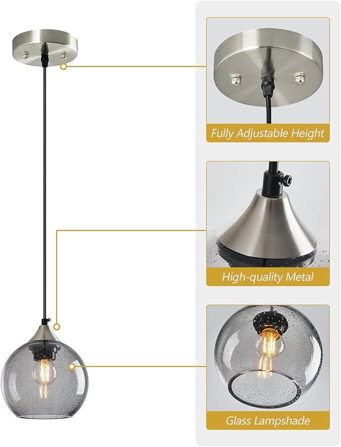 Light Grey Glass Pendant Lights Kitchen Island Globe Pendant Light Fixtures Modern Pendant Lighting for Bedroom Living Dining Room Light Fixture (5.9 in, 2 Pack)