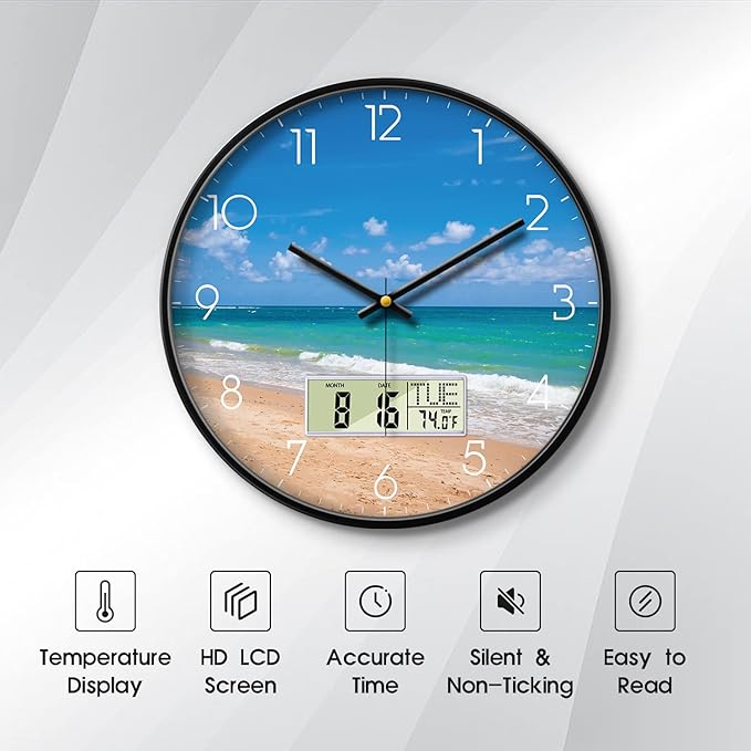 Modern Wall Clocks with Calendar and Date Ocean Wave Sea Beach Digital Clock Large Display Non-Ticking Kitchen Silent Clock with Day and Temperature for Elderly Farmhouse Living Room Bathroom 14 Inch