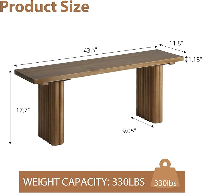 Solid Wood Entryway Bench - 43.3" Fluted Farmhouse Bench, Indoor Long Dining Benches Seat Narrow End of Bed Benches for Entry Way, Kitchen, Living Room and Bedroom, Brown