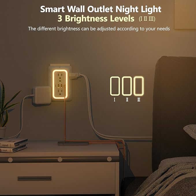 Wall Outlet Extender with Night Light, Power Plug Adapter Multi Plug Outlet Surge Protector with 4 USB Charging Ports (2 USB C), Adapter Spaced Outlets for Home Travel Office