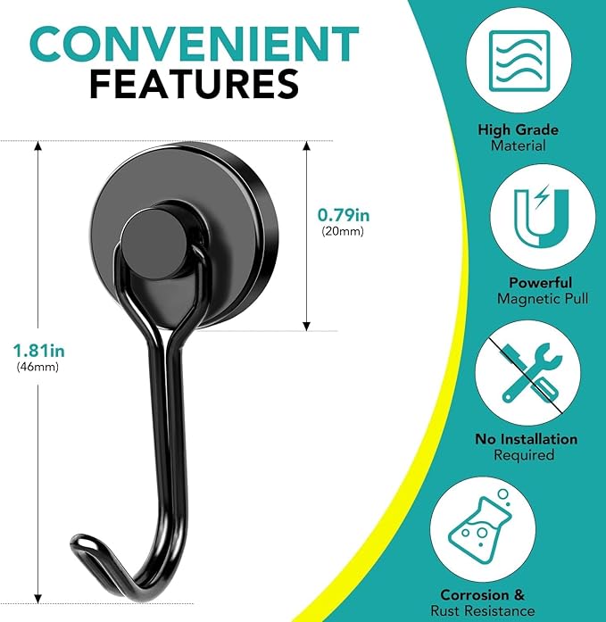 DIYMAG Black Magnetic Hooks, 110LBS Strong Magnetic Hooks Heavy Duty, Strong Magnet Hooks with Metal Hanger for Hanging Refrigerator Home Kitchen Office, 16Pack