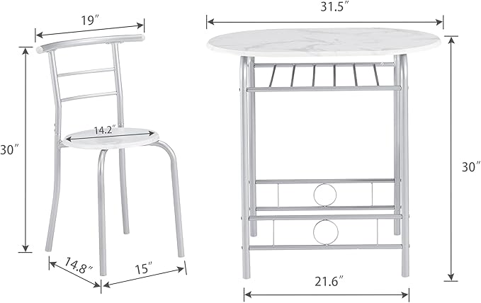VECELO 3-Piece Dining Table Set for Kitchen Breakfast Nook, Wood Grain Oval Tabletop and Metal Frame with Built-in Wine Rack, for Small Spaces, 31.5", White & Silver