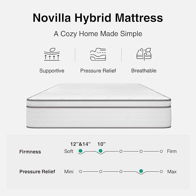 Novilla Twin Mattress 10 Inch, Hybrid Mattress Twin Size with Comfy Support, Bed Mattresses in a Box with Individual Pocket Springs for Motion Isolation & Pressure Relief, Certipur-Us Certified