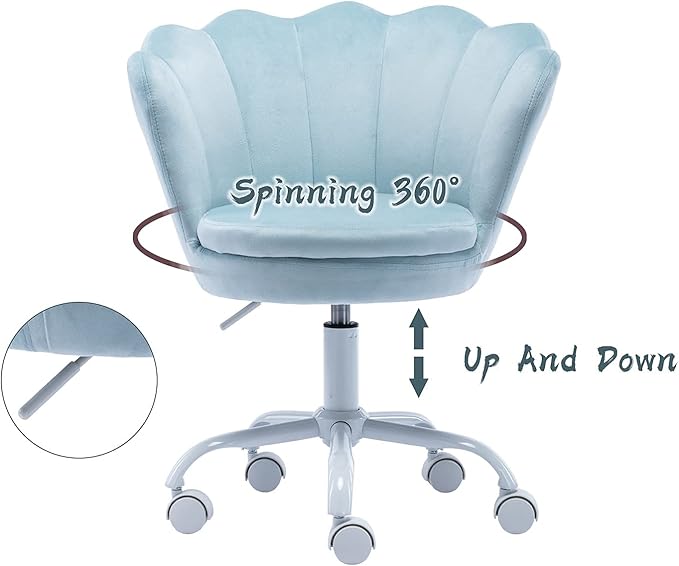chairus Cute Kids Desk Chair Velvet Living Room Accent Armchair Upholstered Teens Vanity Chair with Seashell Back, Adjustable Swivel Children Study Chair for Computer Homework, Blue