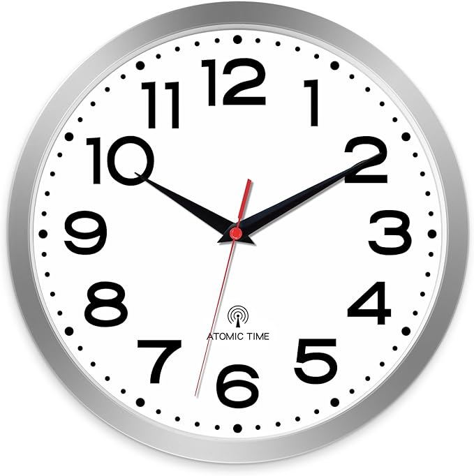 Atomic Wall Clock 12 Inch, Modern Clock Battery Operated Classic Analog Decorative for Kitchen, Living Room, Office, Bedroom, Bathroom (Silver)