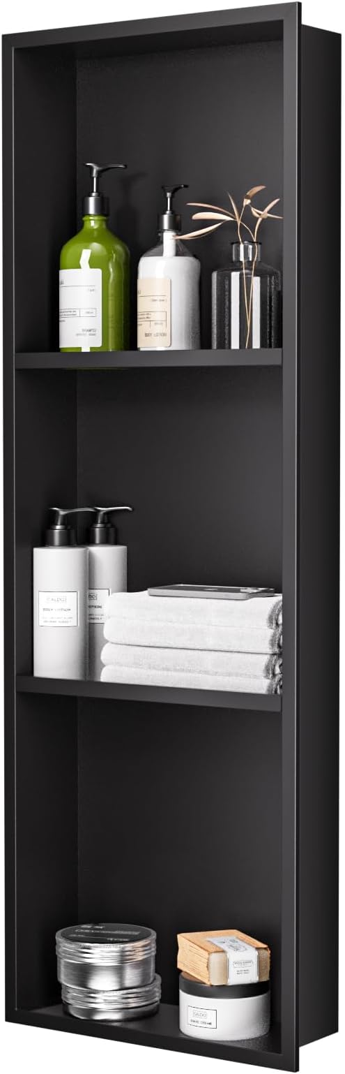 Stainless Steel Shower Niche 12" X 36"，3-Tier Recessed Wall Niche No Tile Needed Shower Shelf for Bathroom Storage (4x12x36 Black)