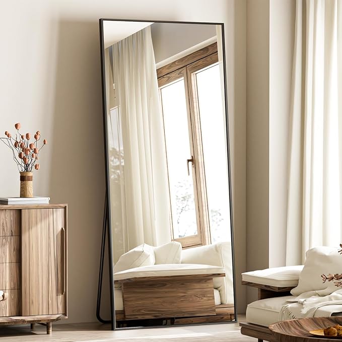 Koonmi Large Mirrors, 65"x24" Full Length Mirror with Stand, Full Body Mirror with Aluminum Alloy Frame, Hanging or Leaning Against Wall Floor Standing Mirrors for Bedroom Living Room, Black