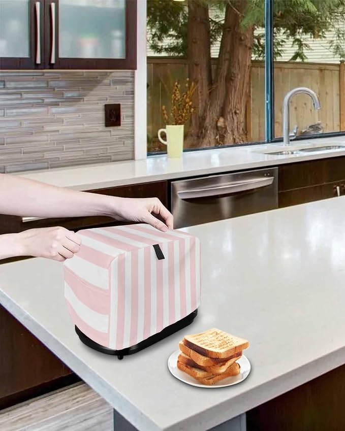 Toaster Cover 4 Slice Pink Stripes Toaster Oven Cover with Pockets Pink White Vertical Striped Dustproof Bakeware Protector Small Kitchen Appliance Dust Covers and Fingerprint Protection for Women