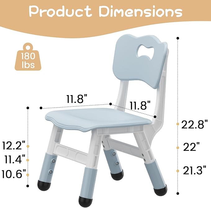 GAOMON Kids Chairs Set of 2, 3 Level Height Adjustable Kid Chair, Plastic Toddler Chairs for Children Boys Girls Age 2-6, Suitable for Home Family Classroom Nursery Indoor Use, Gray Blue