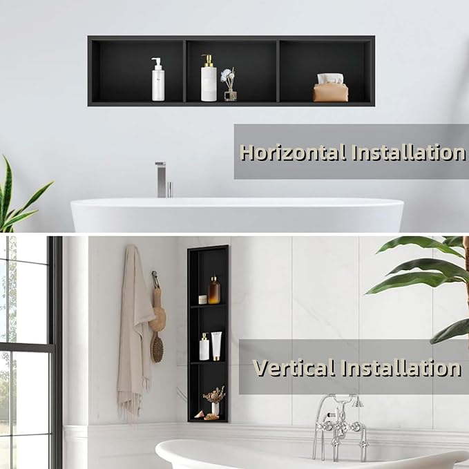 36" X 8" Stainless Steel Shower Niche Insert Tile Ready, Niche for Shower Wall, 3-Tier Recessed Shelf No Tile Needed for Bathroom Storage, Matte Black
