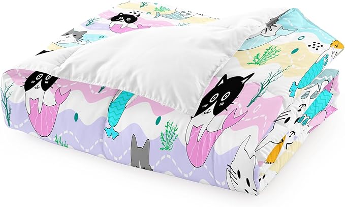 Cartoon Cat Comforter Set for Girls - Full Size Girls Bedding Set for Bedroom - Ultra Soft Warm Cute Mermaid Tail Cat Patterns - 1 Comforter with 2 Pillowcases