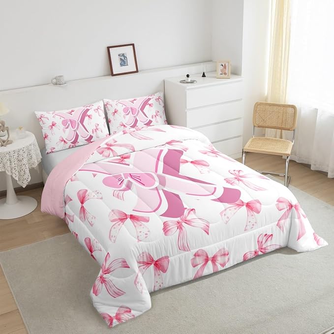 jejeloiu Kids Girls Cute Pink Bow Comforter Set King Size Monogrammed Bedding Set Ultra Soft Personalized Initial X Duvet Quilt Coquette Bow Knot Quilt Set Room Decor Modern Fashion Comforter