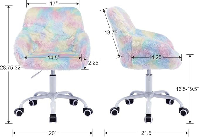 Kids Desk Chair Faux Fur Upholstered Swivel Reading Chair, Cute Adjustable Study Chair with White Wheels for Reading Room Bedroom, Rainbow Color