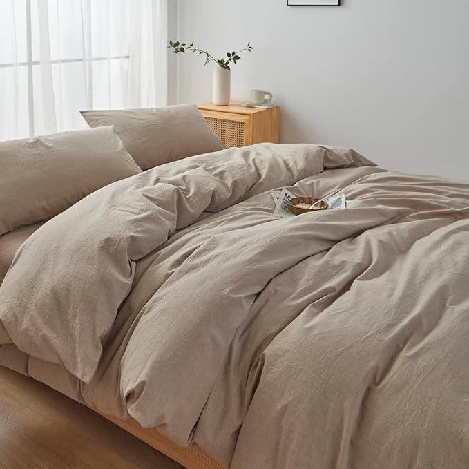 FACE TWO FACE Bedding Duvet Cover Set100% Washed Cotton Duvet Cover Linen Like Textured Breathable Durable Soft Comfy (Queen, Khaki)