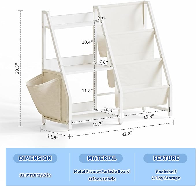 Kids Bookshelf and Toy Organizer, 3 Tier Bookshelf for Kids, Montessori Bookcase Book Shelf Rooms, Bedroom, Playroom, Nursery, Toy Storage Organizer with Bookshelf (White)
