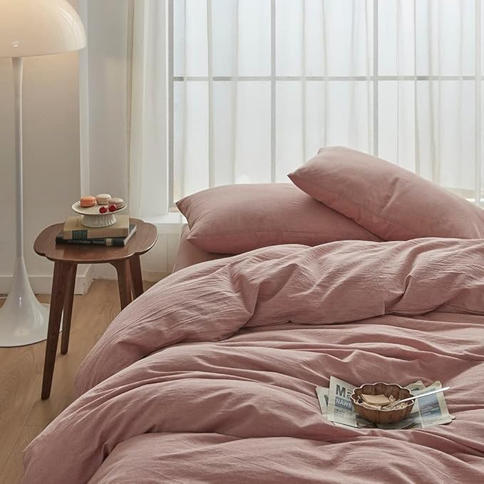 FACE TWO FACE Bedding Duvet Cover Set100% Washed Cotton Duvet Cover Linen Like Textured Breathable Durable Soft Comfy (Full, Old Pink)