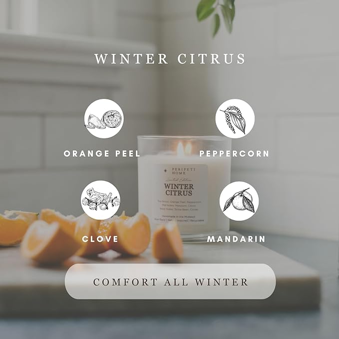PERIPETI Home Winter Citrus Scented Candle, Wooden Wick – 8.5oz Natural Soy Wax for Energizing Aromatherapy, Long-Lasting Burn