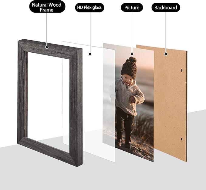 KINLINK 8.5x11 Picture Frame Ash Black, Solid Wood Diploma Frames with Acrylic Plexiglass for Pictures, Certificate Degree Document Frame Tabletop and Wall Display, Set of 4
