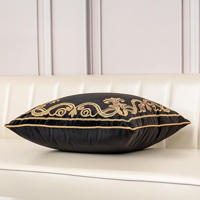 Aeckself Floral Pillow Cover 18x18 Inch, Velvet Embroidered Decorative Farmhouse Accent Throw Pillow Cover for Couch Bedroom Living Room, Black and Gold