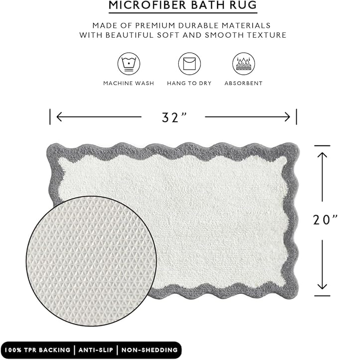 MONDAY MOOSE Bath Mat with Scalloped Wavy Ripple Design, Microfiber Absorbent Non Slip Tufted Rug for Floor, Shower or Kitchen (20x32 inch, Gray)