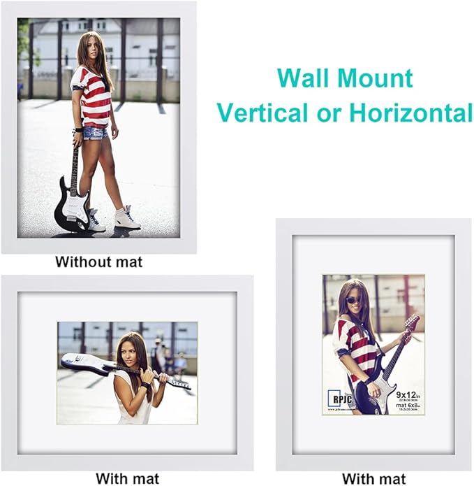 RPJC 9 x 12 Picture Frames Made of Solid Wood and High Definition Glass Display Pictures 6x8 with Mat or 9x12 Without Mat for Wall Mounting Photo Frame White