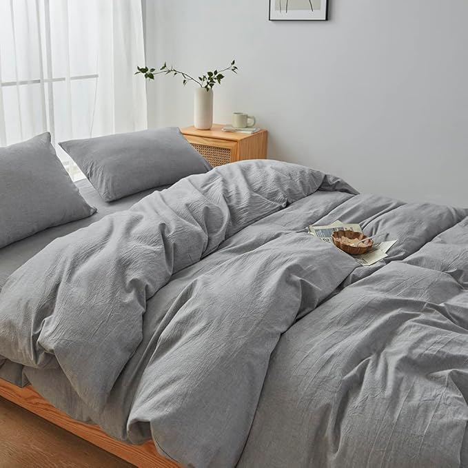 FACE TWO FACE Bedding Duvet Cover Set100% Washed Cotton Duvet Cover Linen Like Textured Breathable Durable Soft Comfy (Full, Light Grey)
