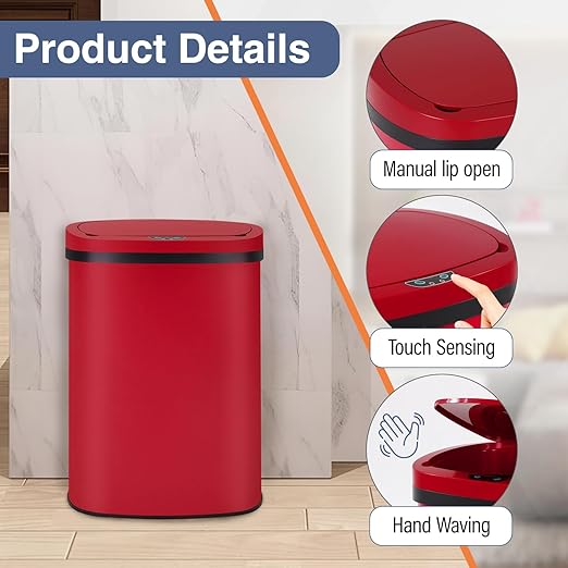 PayLessHere 13 Gallon Trash Can Kitchen Trash Can Automatic Garbage Can with Lid Touch Free High-Capacity Motion Sensor for Kitchen Bedroom Bathroom Office Trash Bin (1, Red Stainless Steel)