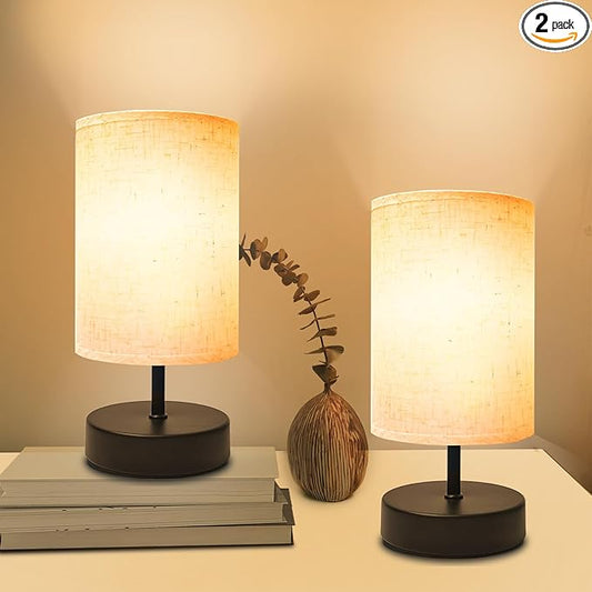 Small Table Lamp, Minimalist with Flaxen Shade, 9 Inch Design for Bedroom & Dorm Room, 2 Pack